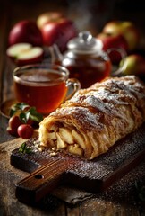Freshly Baked Apple Strudel with Powdered Sugar on a Wooden Board Surrounded by Apples and a Cup of Tea in a Cozy Setting