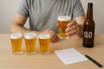 Man tasting non alcoholic beers during a blind tasting session