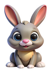  3D Cartoon Bunny Character with Big Eyes and Pink Nose, Cute Grey Rabbit Sitting