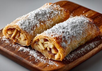 Freshly Baked Apple Strudel with Powdered Sugar on a Wooden Cutting Board, Perfect for a Dessert Delight and Culinary Inspiration