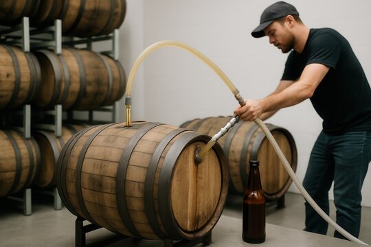 Brewer transferring beer into wooden barrel in brewery warehouse