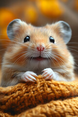 Adorable hamster peeks curiously over a cozy knitted blanket with bright eyes.