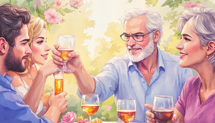 Watercolor artwork presents a celebratory scene of an elderly man raising his wine glass in a toast with his loved ones, with soft floral background for designs about family gatherings.