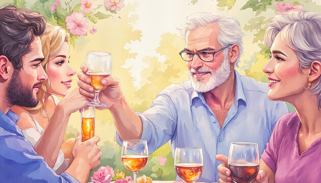 Watercolor artwork presents a celebratory scene of an elderly man raising his wine glass in a toast with his loved ones, with soft floral background for designs about family gatherings.