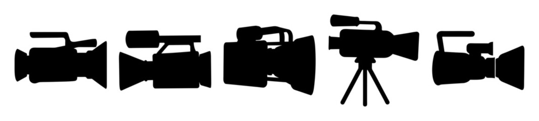 Diverse Collection of Professional Camcorder Silhouettes in a Row Displayed on White Background