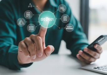 Man touching iso icon with phone in hand security concept