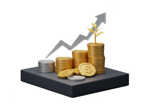 Stacks of gold and silver coins with upward arrow and plant on platform isolated on transparent background