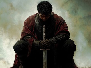 Pensive warrior with sword: A moment of solemn reflection amidst a backdrop of muted light and shadow.