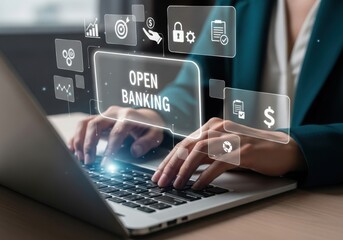 Person using laptop with open banking interface overlayed