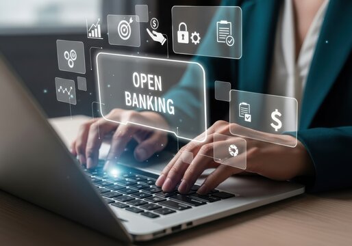 Person using laptop with open banking interface overlayed
