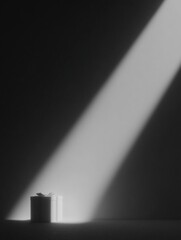 A single, wrapped gift is illuminated by a ray of light in a darkened room, creating a sense of anticipation.