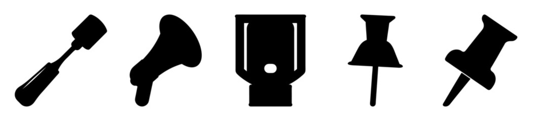 Black silhouette of various tools and fasteners on a white background