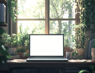 Fototapeta premium Laptop on desk with plants and window background