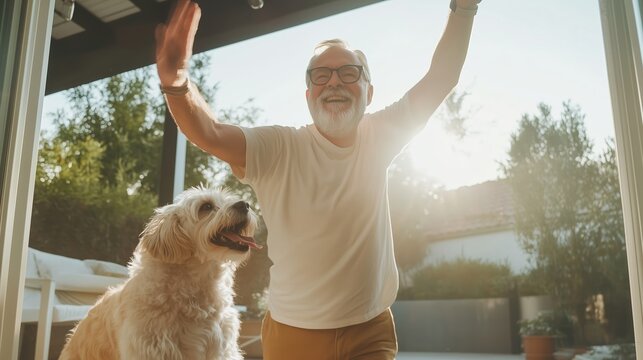 Joyful senior man and dog enjoying a sunny moment in the backyard during the golden hour
