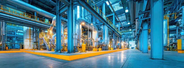 In the interior of an industrial plant, there are pipes and instruments, a light blue steel structure, light gold and silver accents.