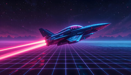 Retro Futuristic Jet in Neon Landscape with Grid and Stars