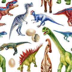 Fototapeta premium Colorful Dino. Watercolor seamless pattern with baby dinosaurs eggs prehistoric creatures Vintage background. Trendy textile print