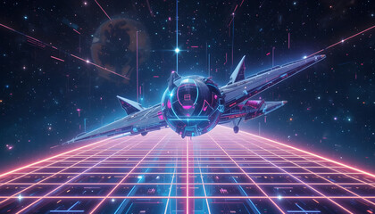 Futuristic Spacecraft Flying Through Neon Grid in Starry Universe