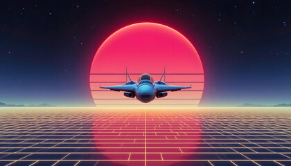 Futuristic Airplane Flying Towards Vibrant Sunset Over Grid Landscape