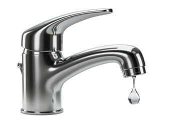 Isolated Shiny Silver Faucet with Dripping Water Drop