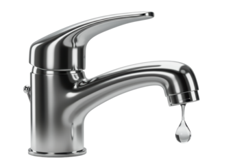 Isolated Shiny Silver Faucet with Dripping Water Drop