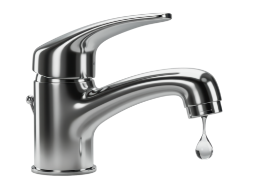 Isolated Shiny Silver Faucet with Dripping Water Drop