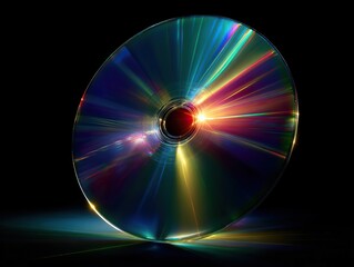 Iridescent optical disc reflects a spectrum of light, creating a vibrant display against a dark background.