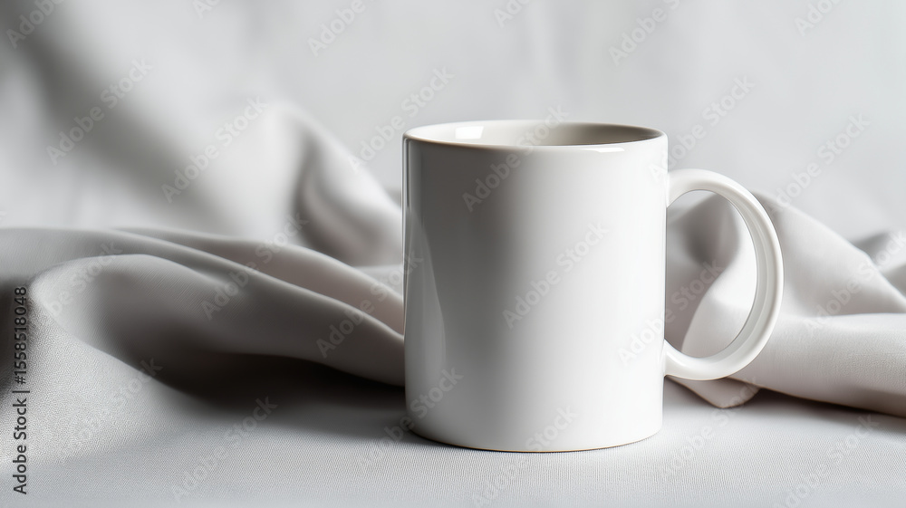 Poster white coffee mug sits on soft, draped fabric background, creating serene and minimalist scene. smoot