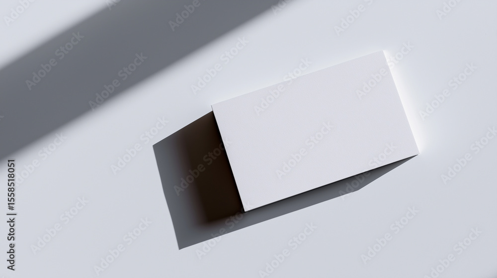 Poster blank white business card is placed on smooth, light gray surface, casting soft shadow. minimalistic