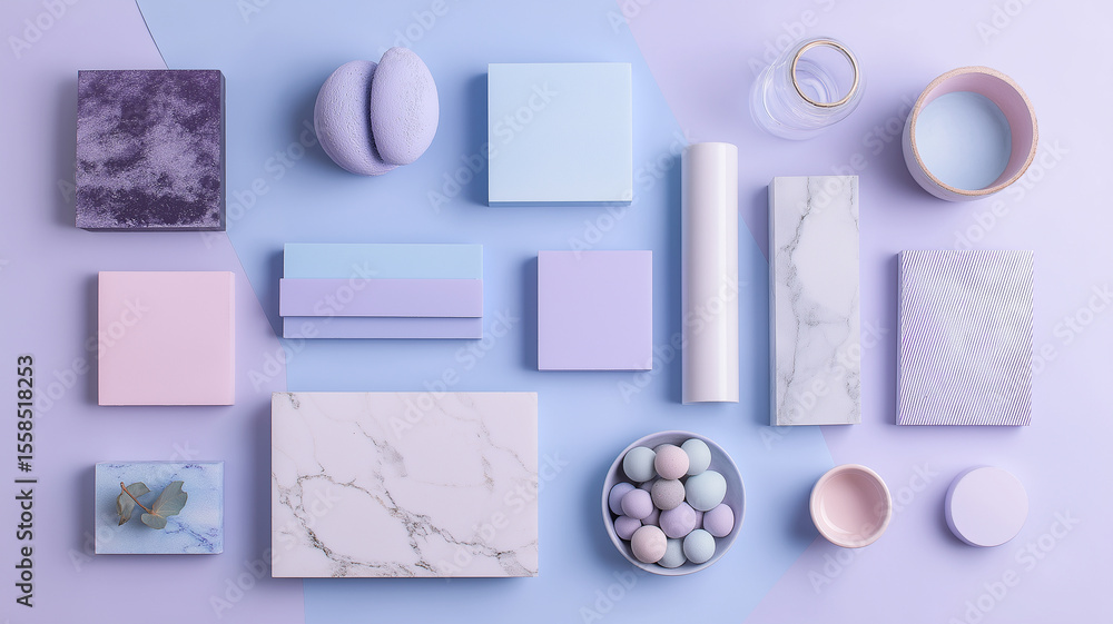 Poster aesthetic flat lay of pastel colored objects including marble tiles, macarons, and decorative items 
