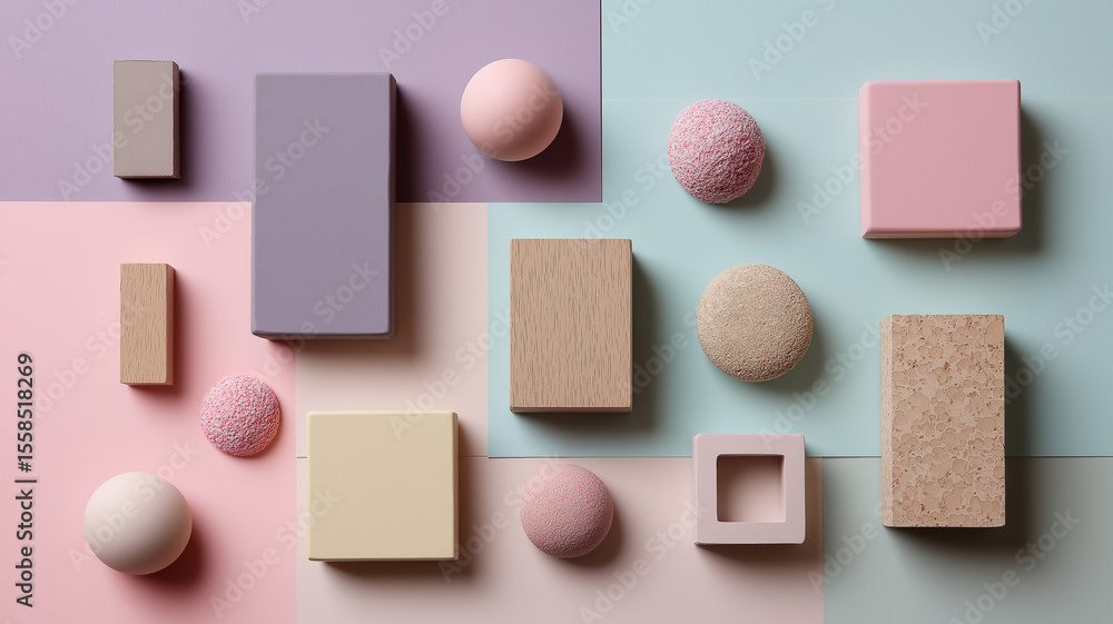 Poster aesthetic flat lay of geometric shapes in pastel colors, including cubes, spheres, and rectangles, a