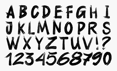 Plakat ABC black alphabet brush drawn letters and numbers. Hand drawn characters with a rough inked texture. Various typography sign, symbols. Uppercase bold, thick letters, bold strokes vector illustration.