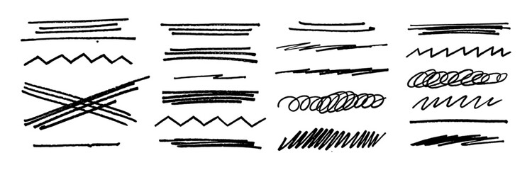 Cross line doodle stroke set. Vector handdrawn brush pen crosses, pencil underlines, marker squiggles, freehand strikethrough lines. Rough sketch zigzag emphasis lines. Punk dividers bg