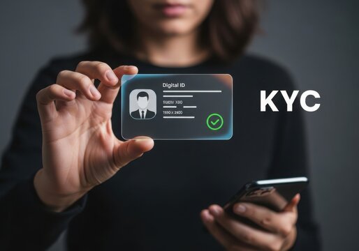 Person holding digital id card with kyc verification text - Powered by Adobe