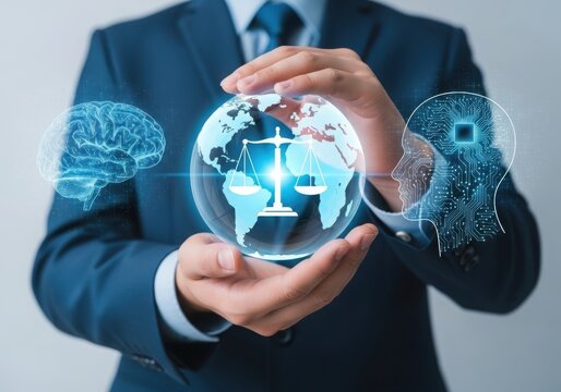 Man holding globe with scales and brain ai illustrations
