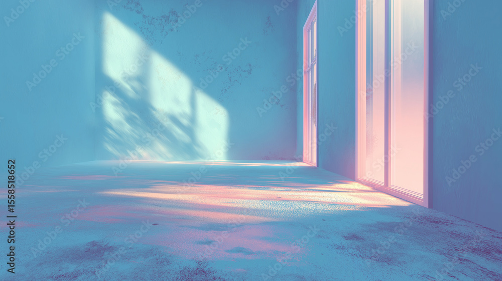 Poster serene room with soft pastel colors and gentle shadows creates calming atmosphere. sunlight streams 