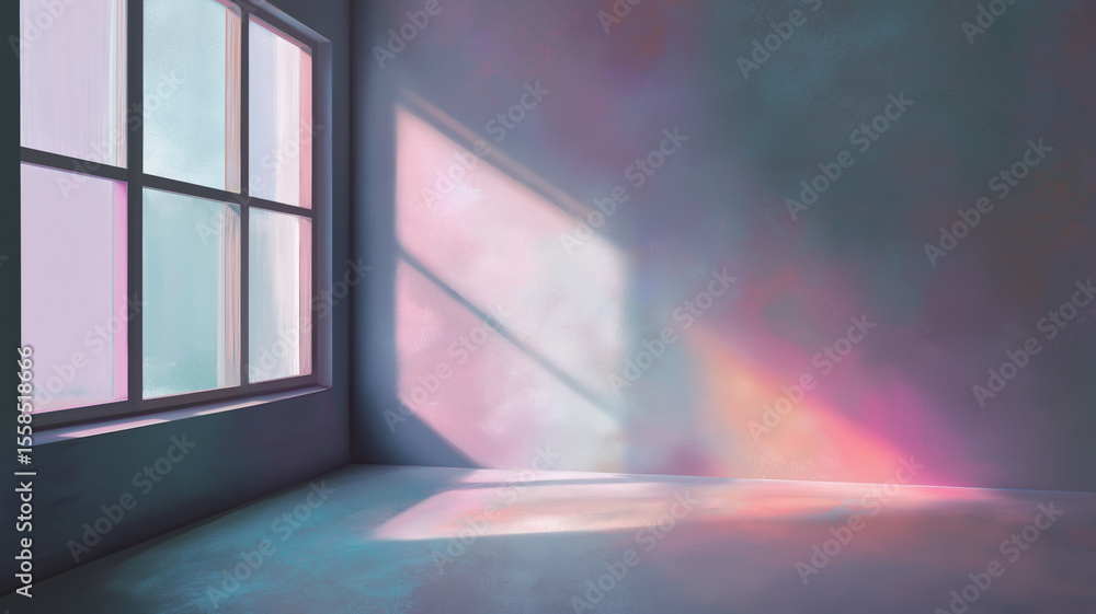 Poster room with soft pastel shadows and large window creates serene atmosphere. sunlight casts colorful re