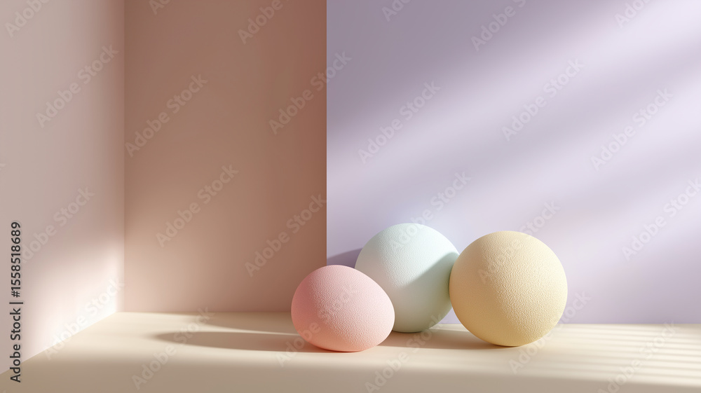 Poster soft pastel spheres rest on smooth surface, casting gentle shadows against two toned background. ser