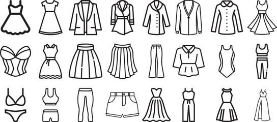 Women's Clothing Outline Icons Set - Fashion Apparel Garment Collection