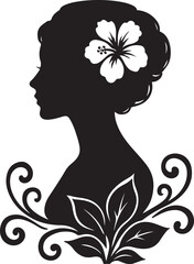 Elegant Woman Silhouette with Hibiscus Flower & Floral Accents – Beautiful Black & White Profile Portrait Vector Art for Beauty, Spa, Nature & Tropical Themes