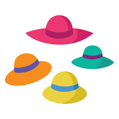 Set of Illustrated Sun Hats with Wide Brims in Various Styles