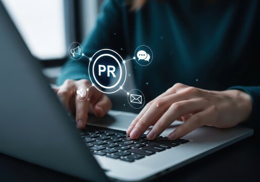 Typing on a laptop with pr and communication icons overlayed