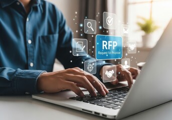 Man typing on laptop with rfp request for proposal icons