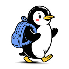 A cartoon illustration of a cute penguin wearing a bright blue backpack and walking with a happy expression.