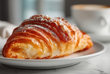 Freshly Baked Croissant on White Plate with Coffee Cup in Soft Focus Background, Morning Breakfast Delight with Rich Golden Crust and Flaky Layers