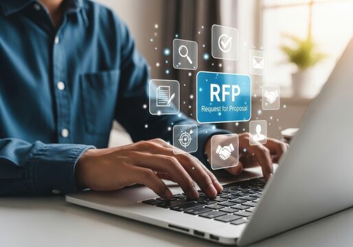 Man typing on laptop with rfp request for proposal icons