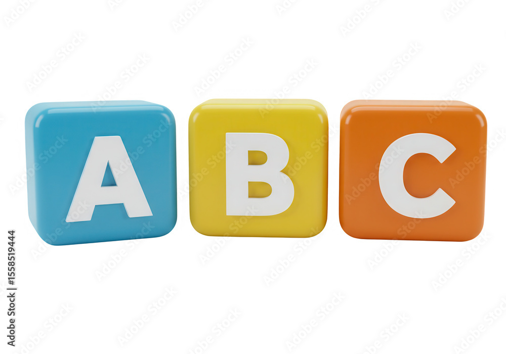 Poster colorful abc alphabet blocks in a row isolated on transparent background
