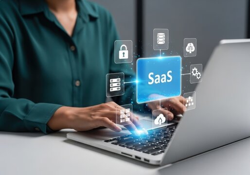 Person using laptop with saas interface overlayed on screen