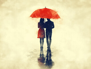 Silhouette of a loving couple walking under a red umbrella on a rainy day. Painting style illustration