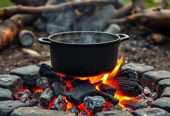 Primitive cooking method over open fire; embers glowing beneath cast iron pot,  embers,  pot